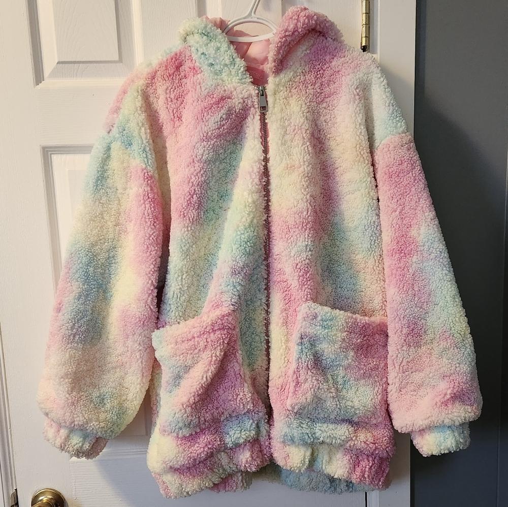 Dollskill pastel pink rainbow hooded sherpa jacket